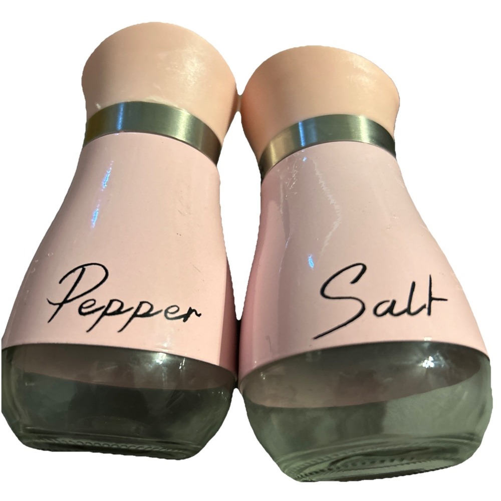 Pink Modern Salt and Pepper Shakers Set Glass Metal Detail
